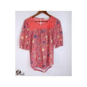 Susan Betro Floral Print Blouse Coral Orange Bohemian Top / #5202
